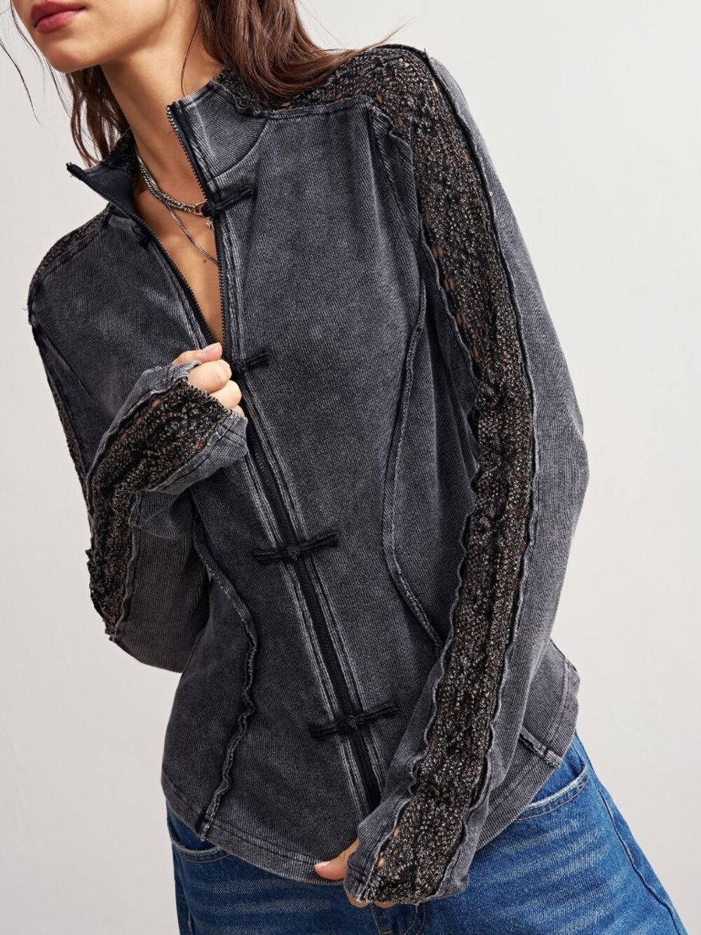 Black Elegant Women's Frog Button Hollow Knit Sequin Long Sleeve Jacket